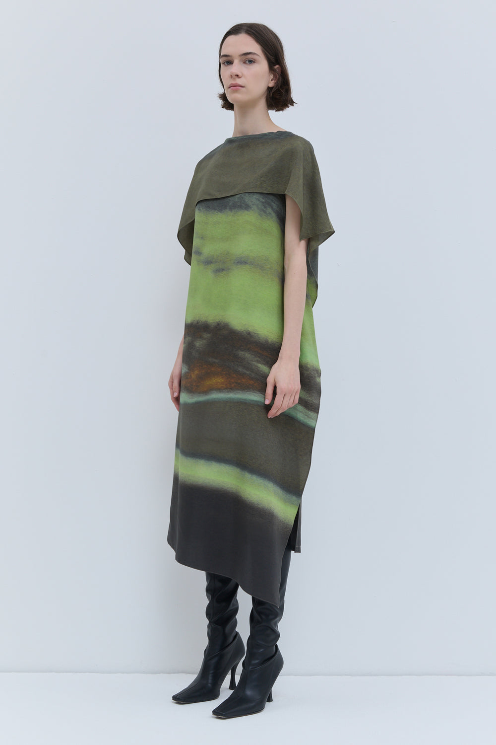 Christian Wijnants Durango printed dress in Aurora Olive with relaxed silhouette and sleeveless design