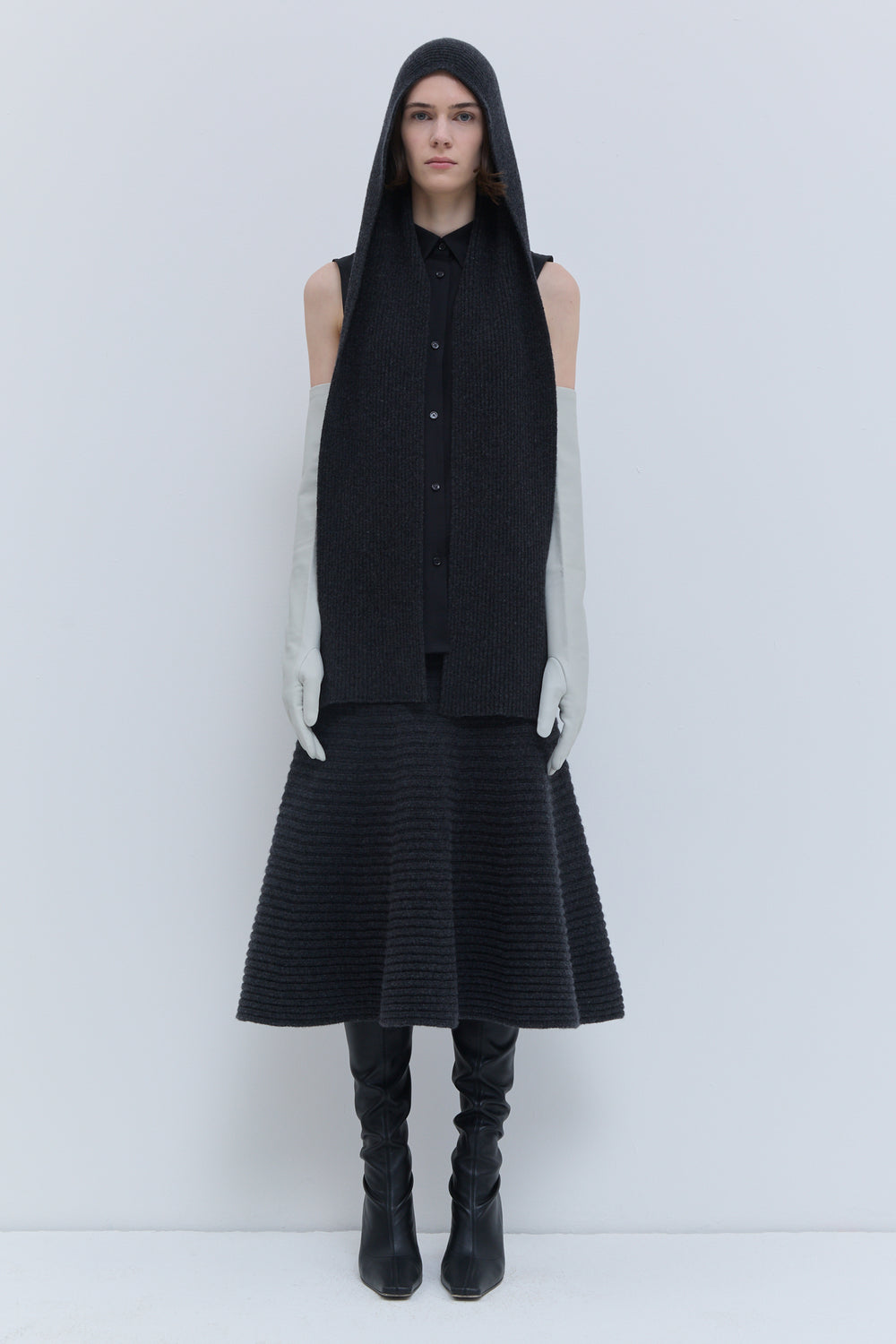Kitia charcoal hooded scarf in soft ribstitch knit