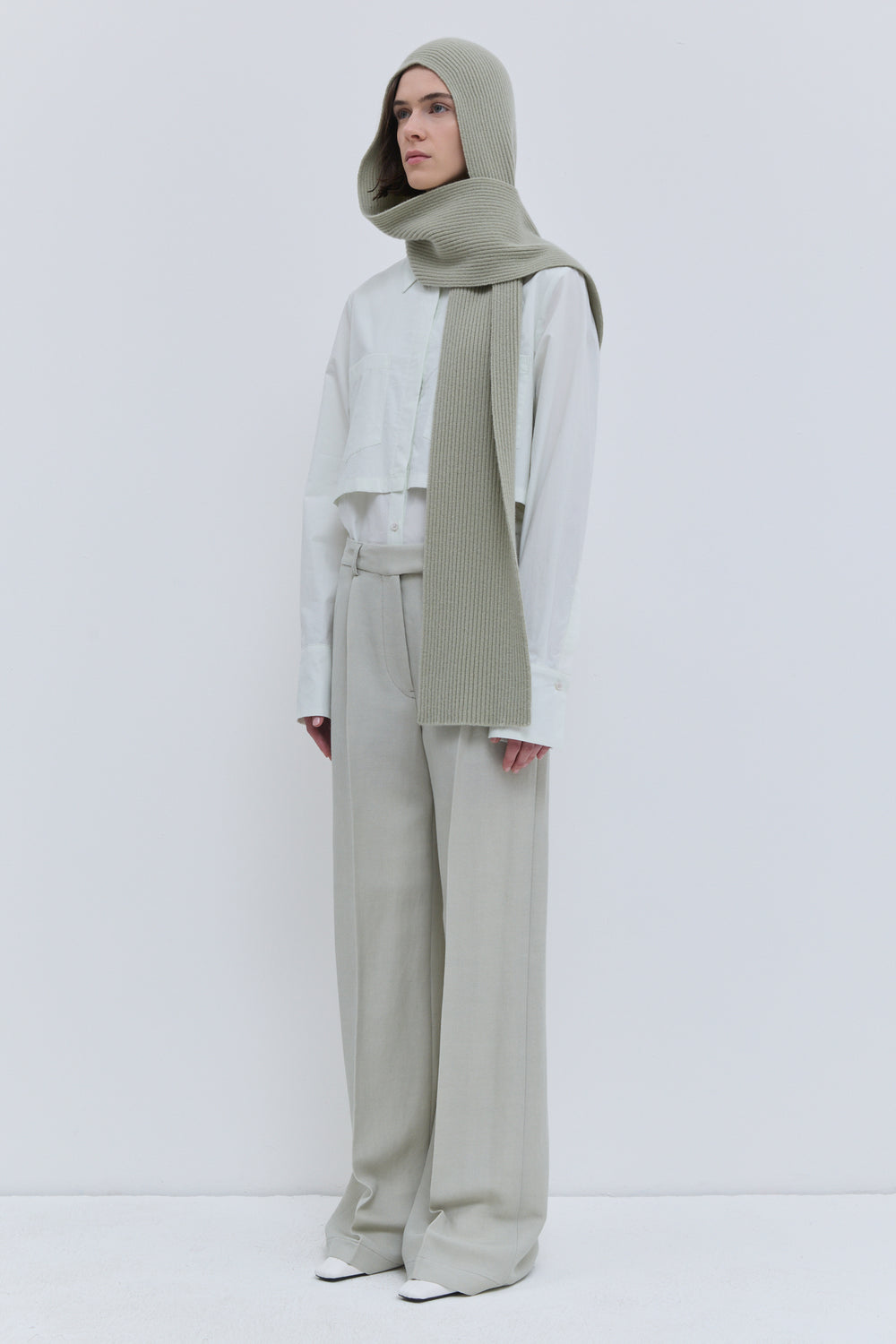 Christian Wijnants Kitia hooded scarf in light sage 100% superfine wool