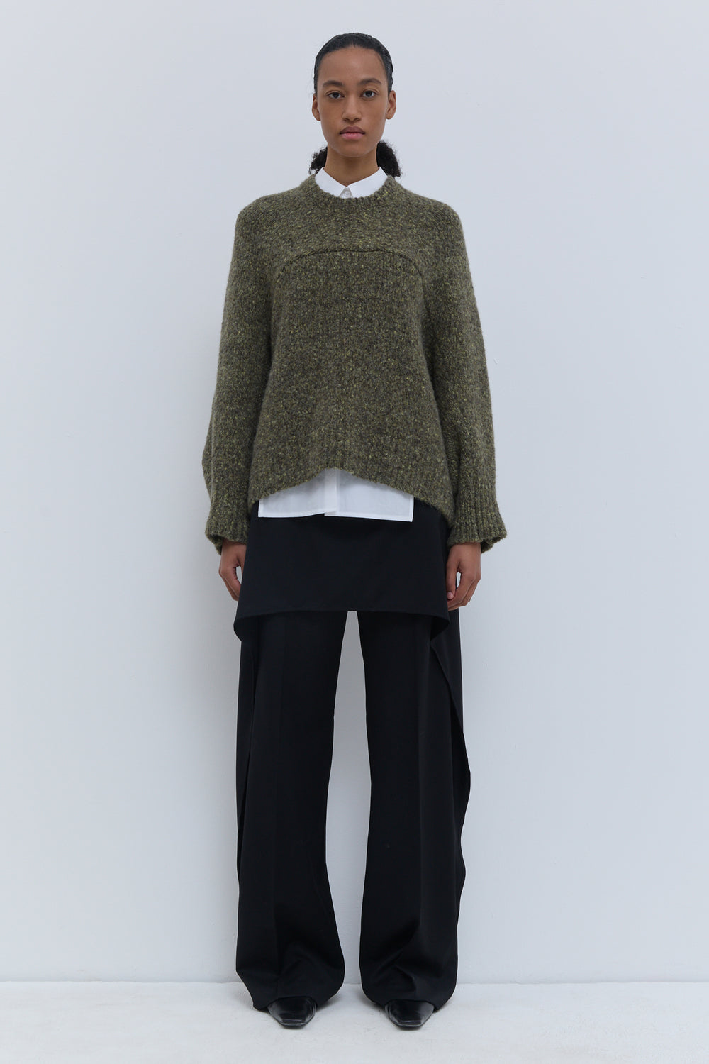 Kaki melange chunky knit top with relaxed silhouette