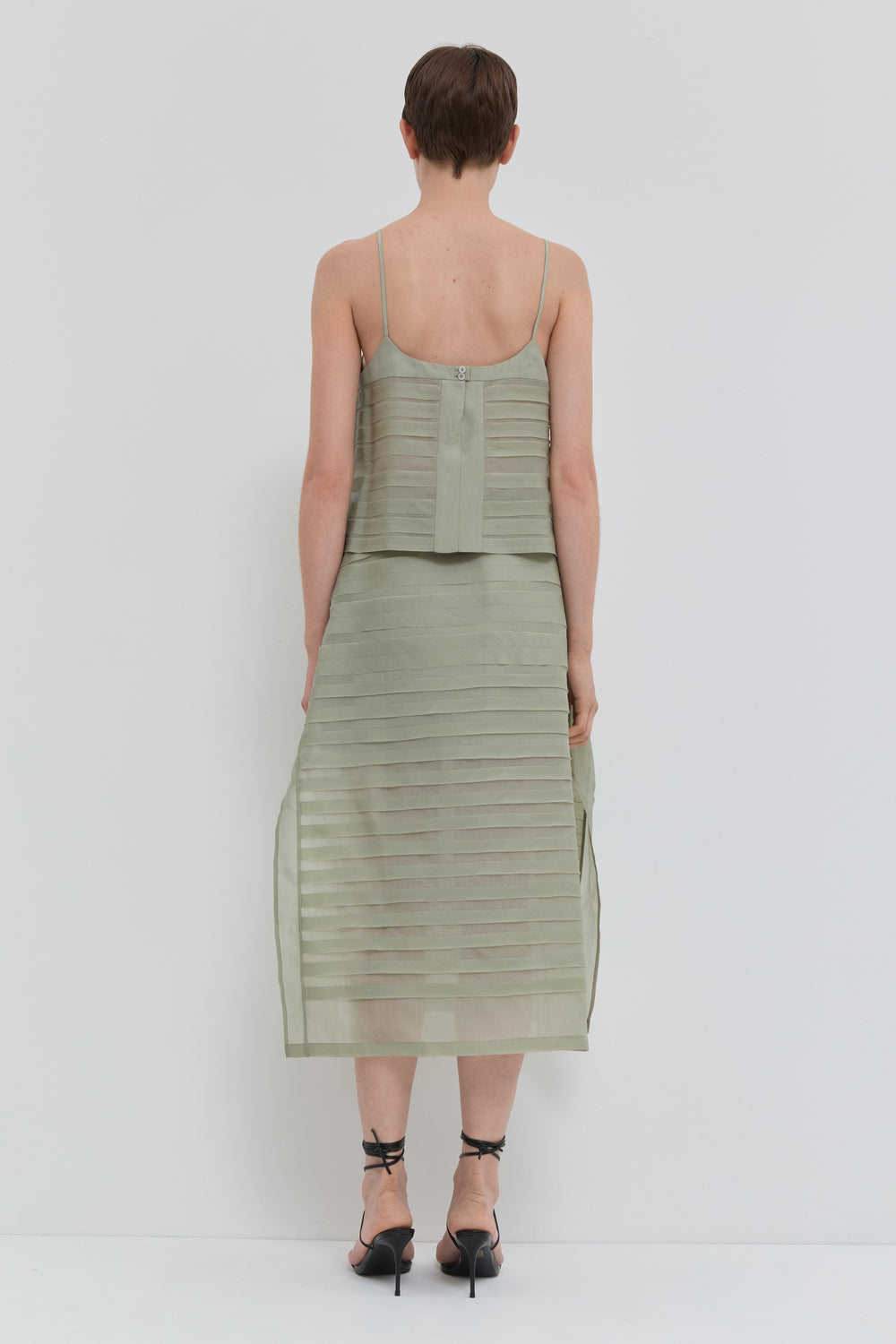 Sage silk organza A-line skirt with handmade bias stroke texture and sheer finish back view
