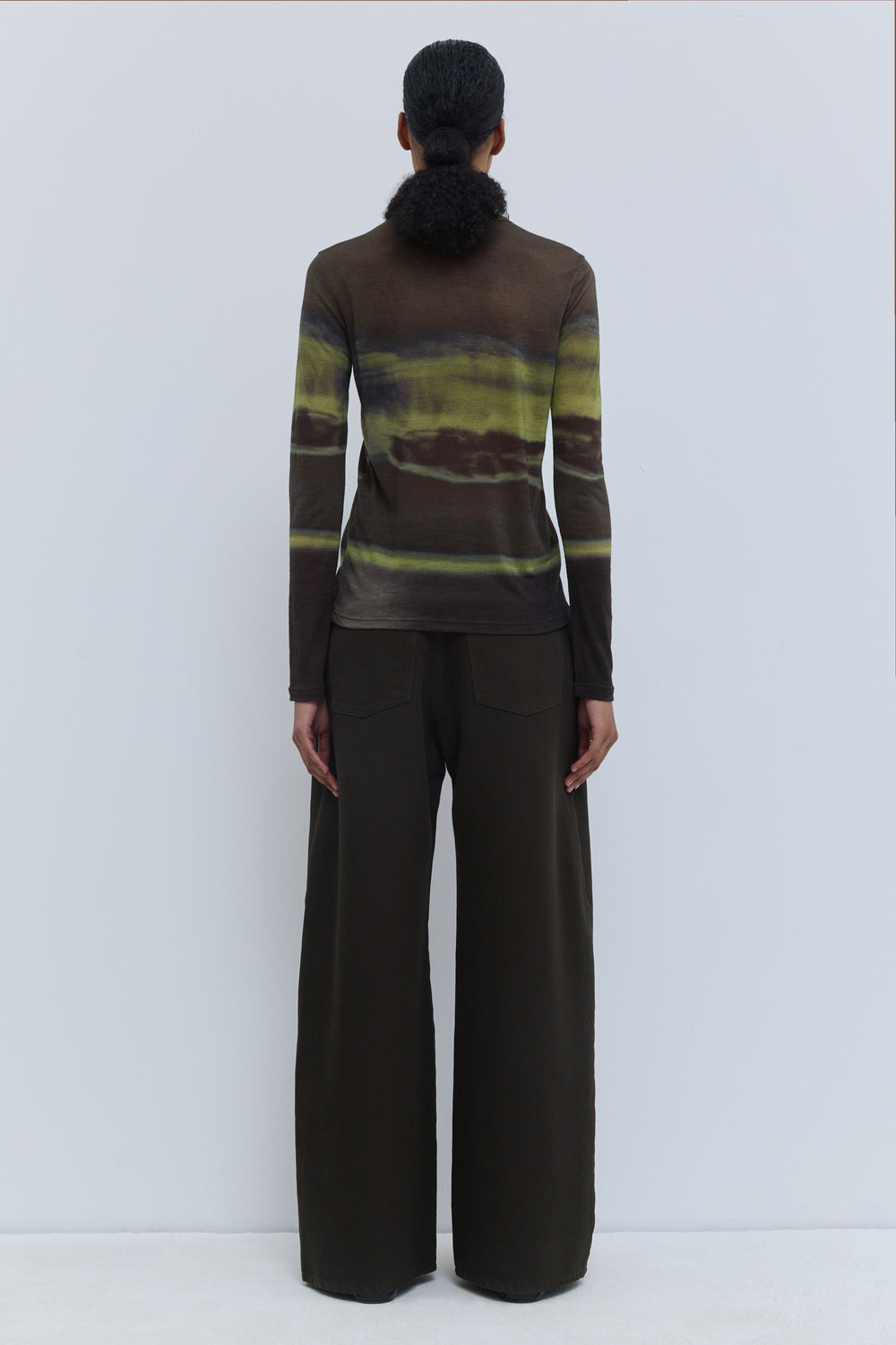 Back view of Tampione long-sleeve wool jersey top with Aurora Earth print.