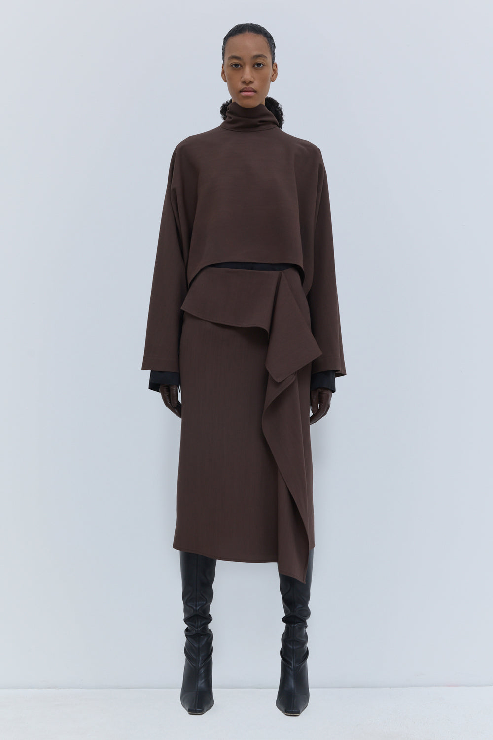 Chestnut cropped wool top with high neckline and draped scarf detail, front view Christian Wijnants